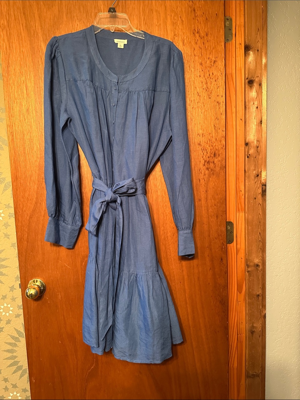 Sundance Denim-Blue Button-Front Midi Dress with Waist Tie
